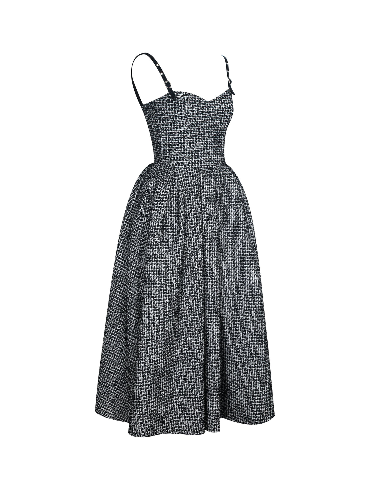 Katalina Black White Tweed Backless Midi Dress