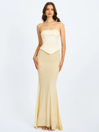 Adelina Butter Yellow Peplum Mermaid Gown with Lace up Back