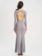Waylynn Gray Animal Print Burnout Velvet Detail Mesh Backless Maxi Dress