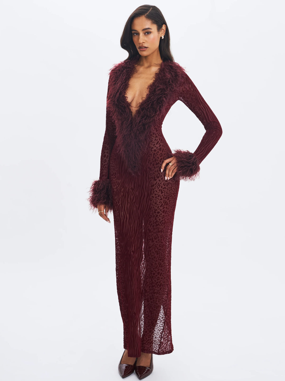 Luana Burgundy Plunging Fur Trimmed Burnout Mesh Maxi Dress