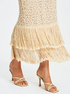 Faelyn Off White Double Fringe Crochet Halter Maxi Dress