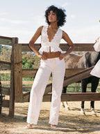 Raina White Cotton Eyelet Straight Pants