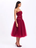 Mabel Burgundy Drop Waist Layered Mesh Midi Puffy Dress with Bow