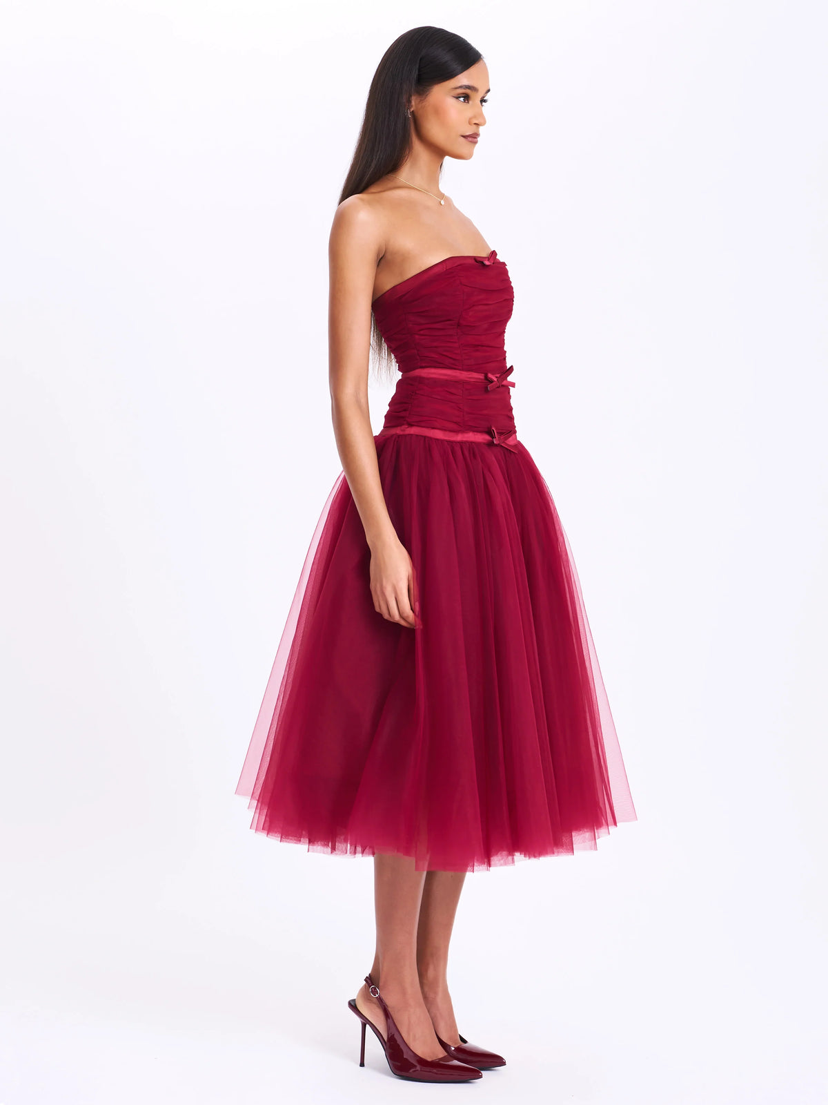 Mabel Burgundy Drop Waist Layered Mesh Midi Puffy Dress with Bow