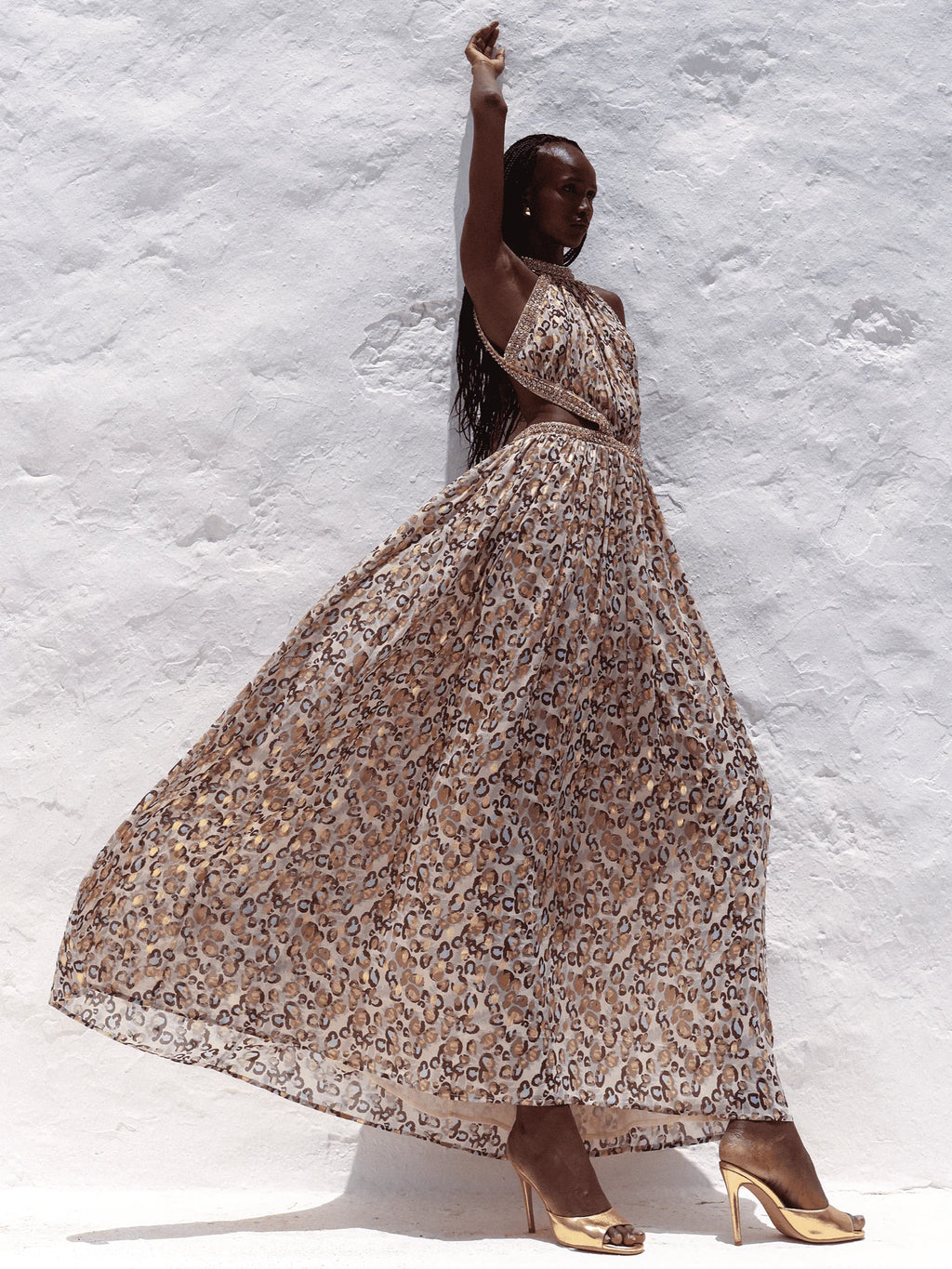 Quinnlyn Beige Cheetah Print Chiffon Halter Maxi Dress