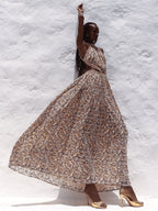 Quinnlyn Beige Cheetah Print Chiffon Halter Maxi Dress