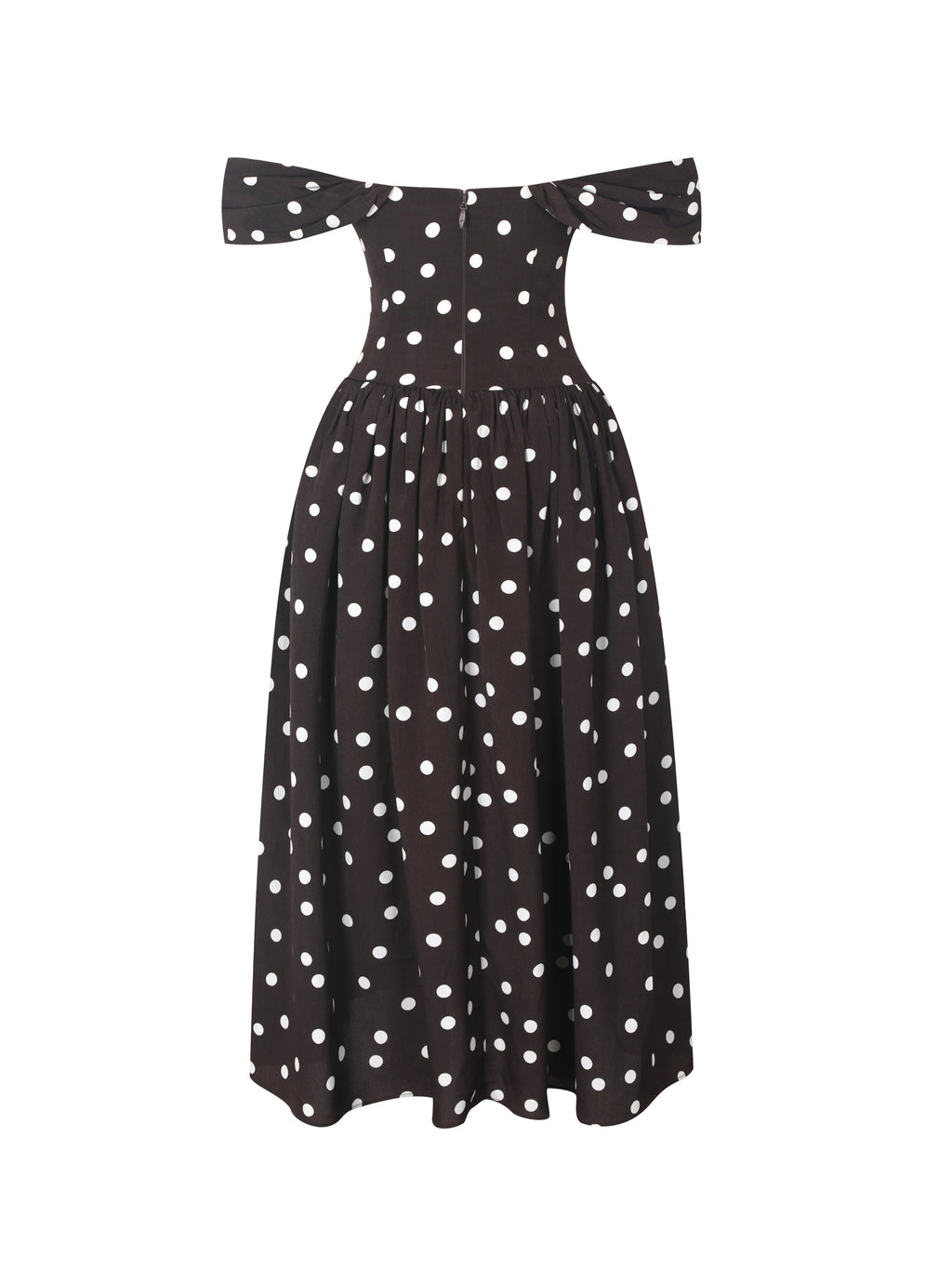 Xandie Mocha Polka Dot Off Shoulder Midi Dress