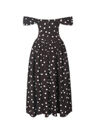 Xandie Mocha Polka Dot Off Shoulder Midi Dress