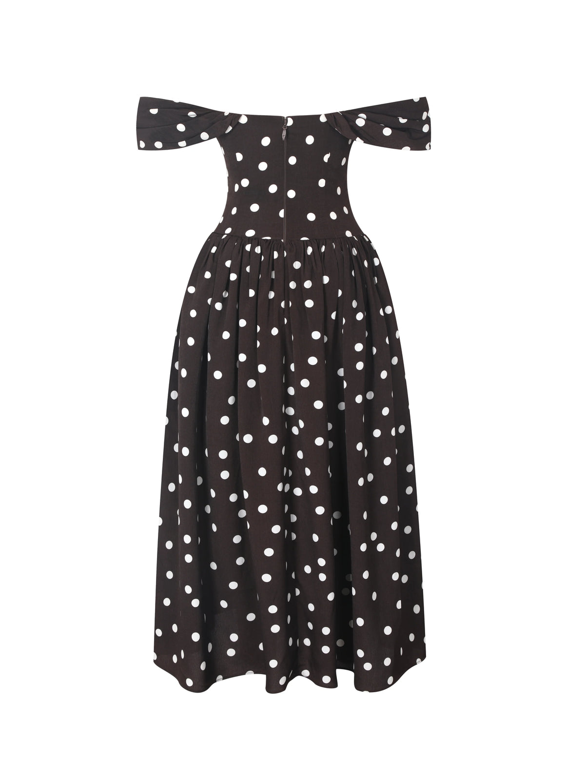 Xandie Mocha Polka Dot Off Shoulder Midi Dress