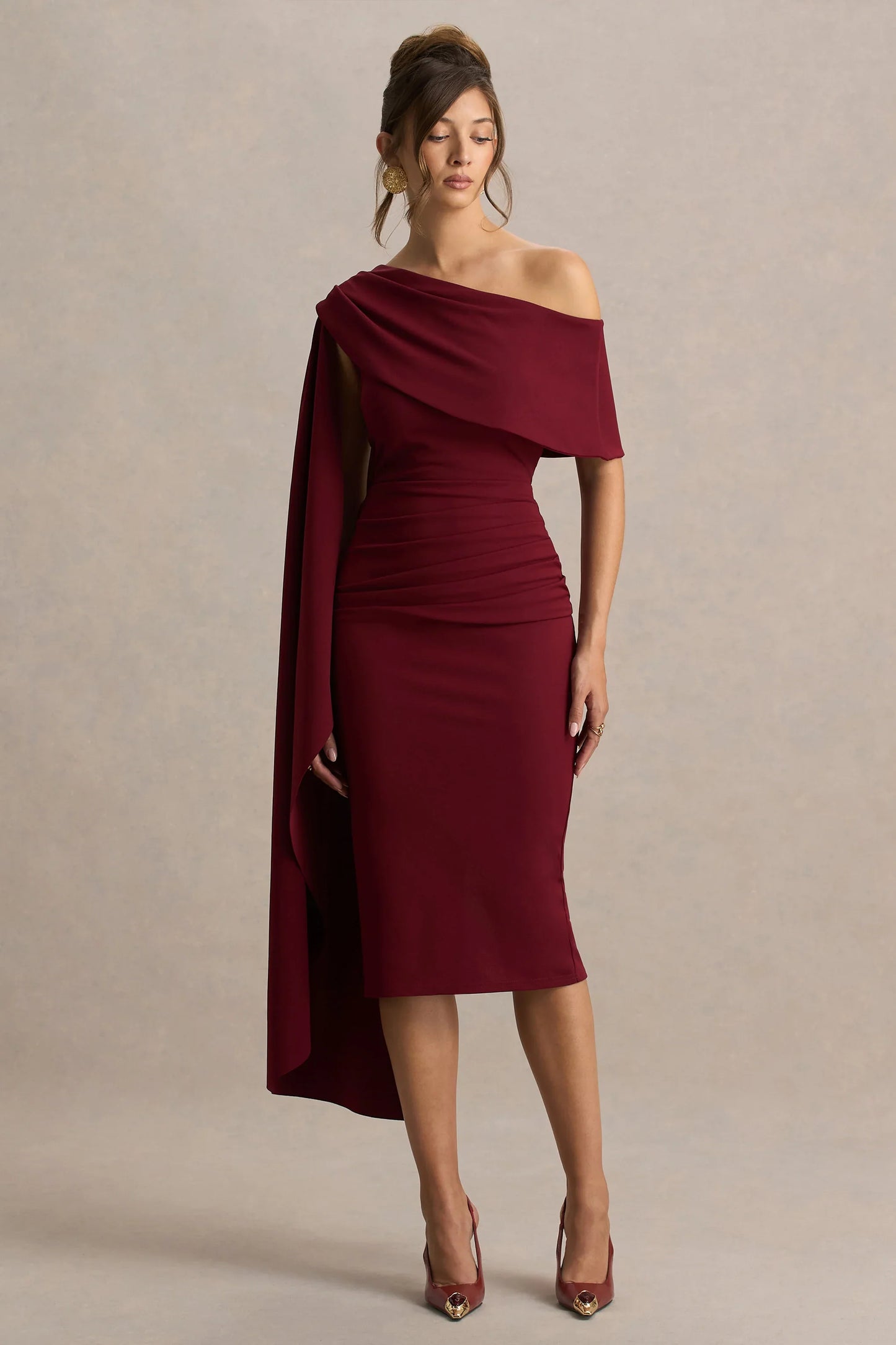Leah Burgundy Asymmetric Neck Midi Dress With Cape Sleeve