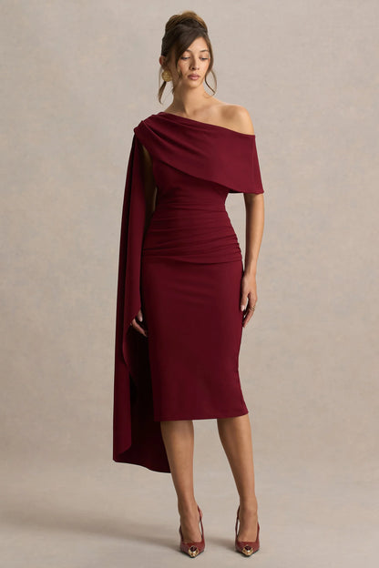 Leah Burgundy Asymmetric Neck Midi Dress With Cape Sleeve