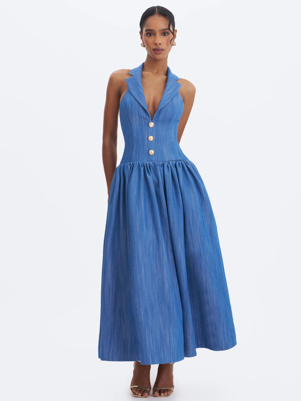 Xyan Navy Denim Lapel Halter A Line Midi Dress