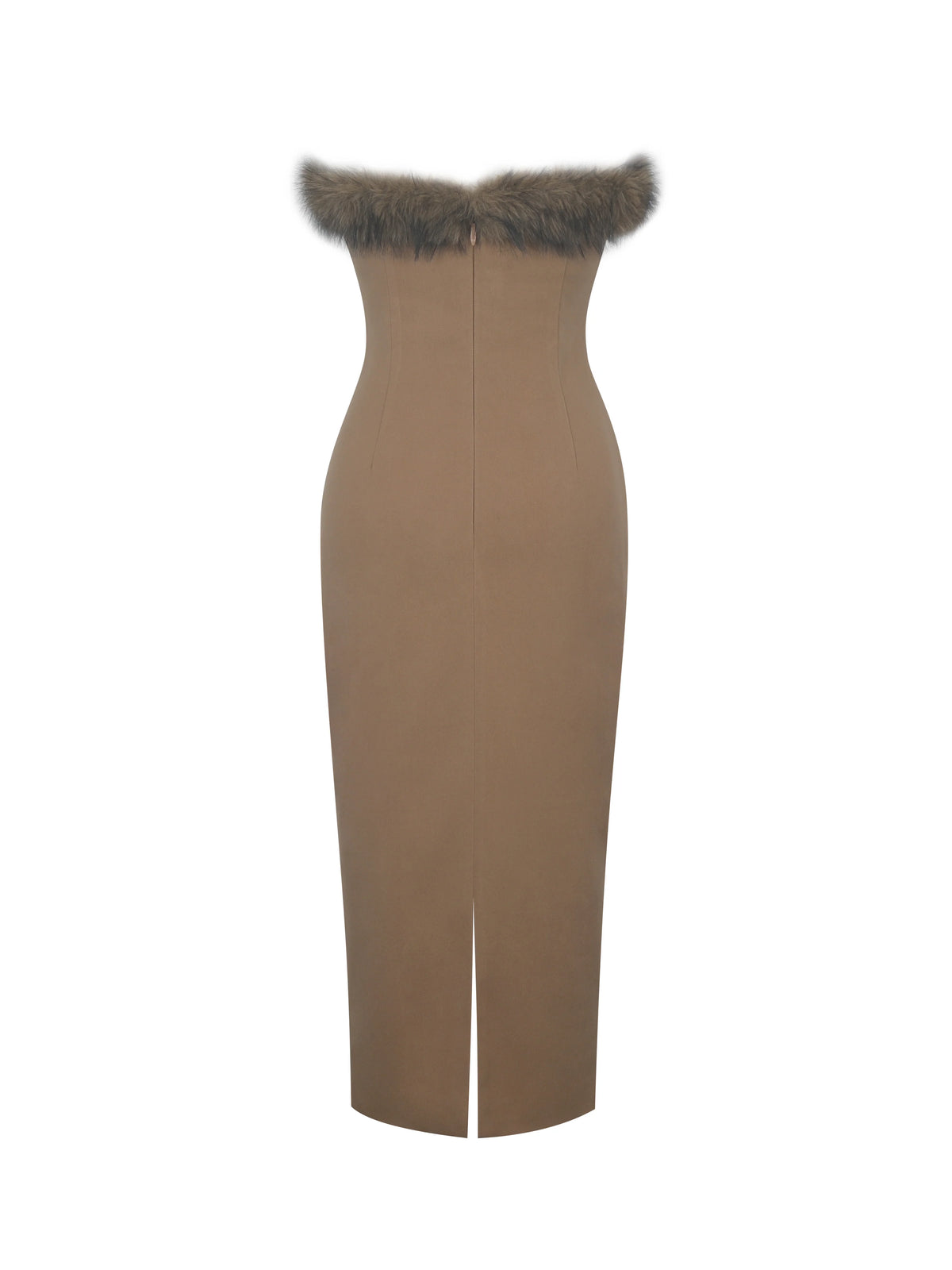 Rayanne Chestnut Strapless Fur Trimmed Sweetheart Midi Dress
