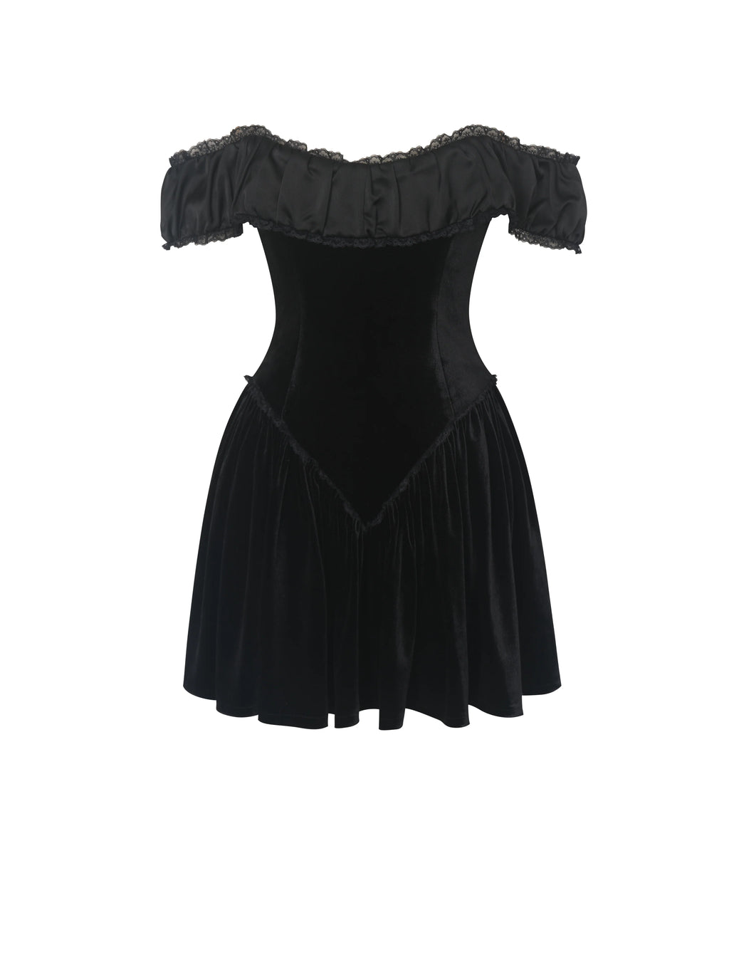 Daisha Black Lace Trimmed Off Shoulder Ruched Mini Dress