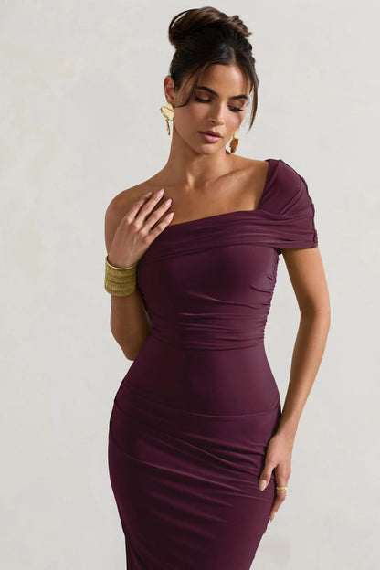 Hawaii Plum Asymmetric One Shoulder Split Midi Dress