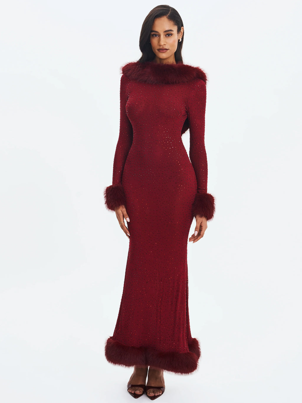 Melrose Burgundy Petite Length Rhinestone Mesh Low Back Mermaid Gown