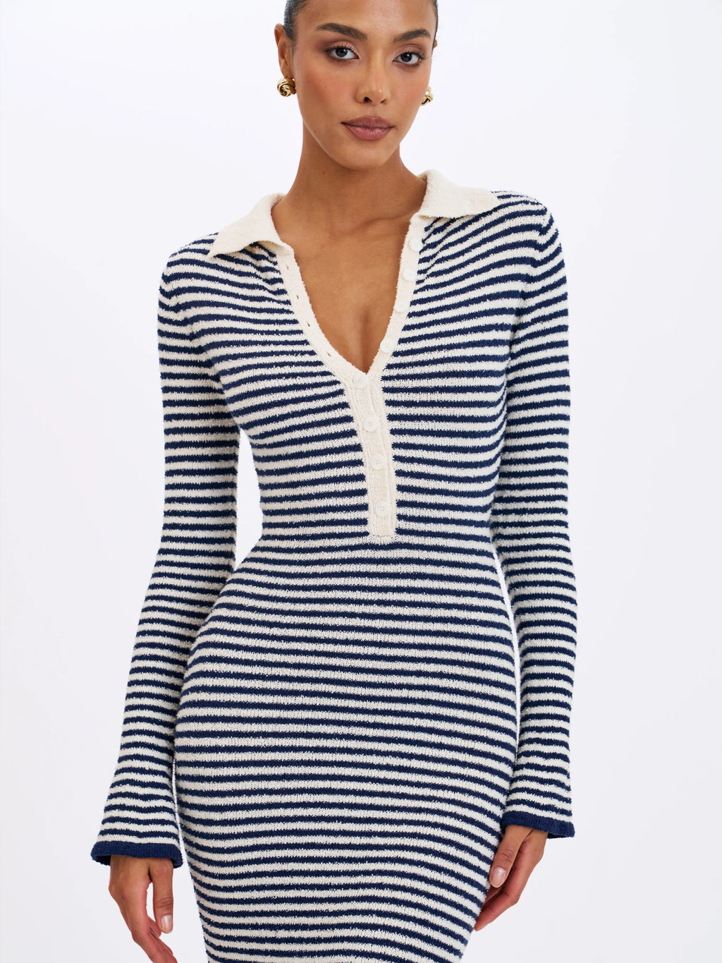 Xelie Navy White Cotton Terry Knit Mermaid Maxi Dress
