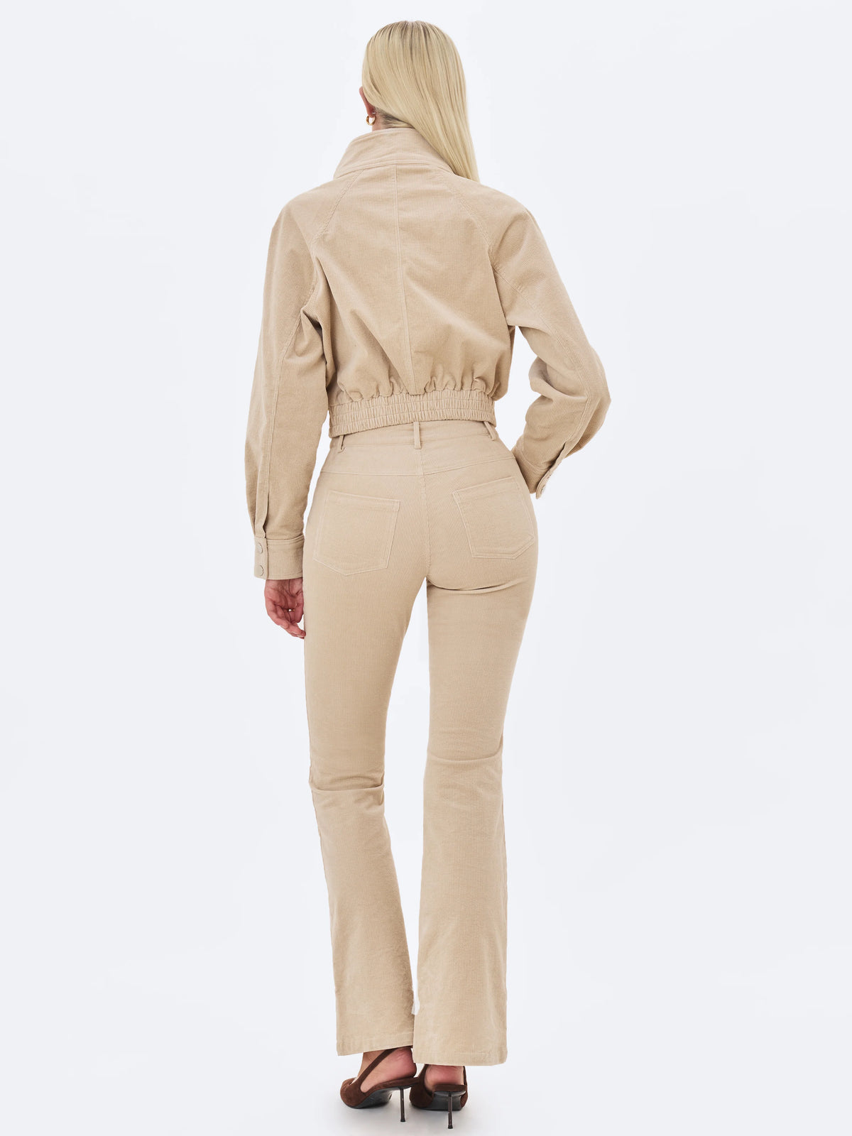 Romille Beige Cotton Corduroy Low Rise Boot Cut Pants