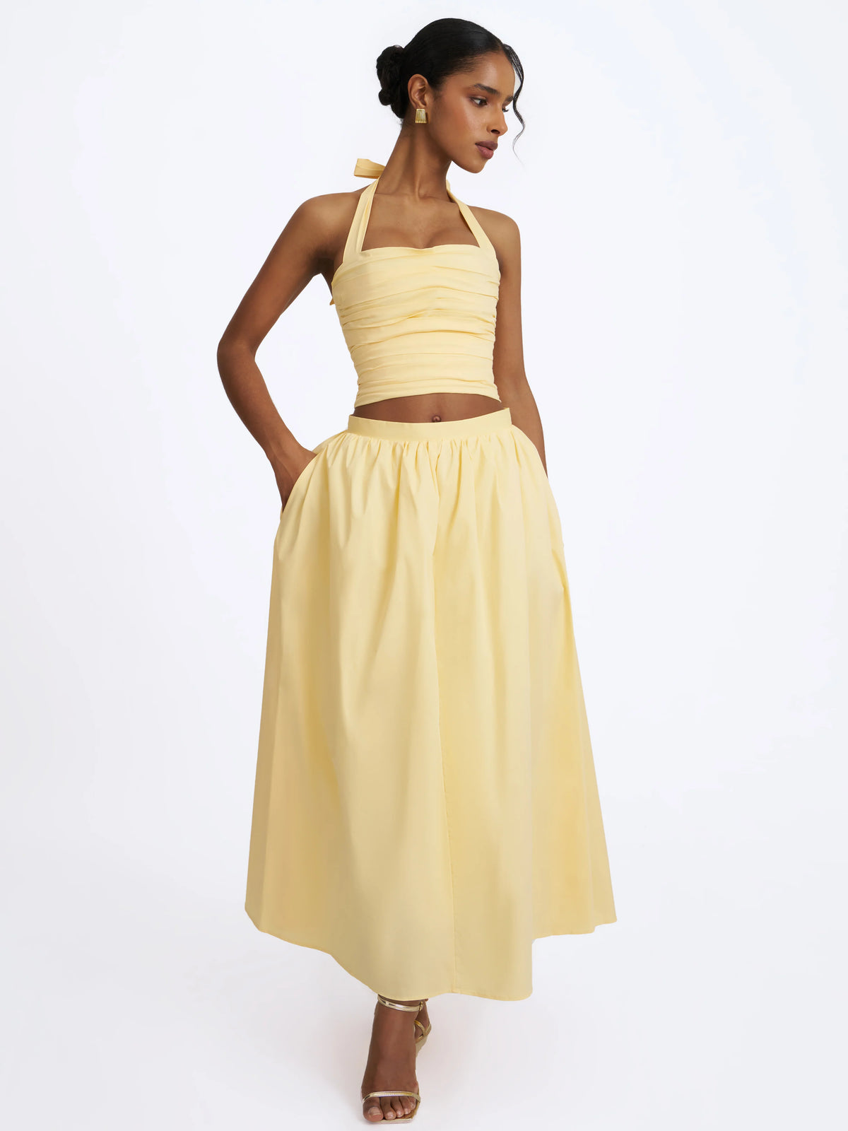 Wina Lemon Yellow Cotton Poplin Low Waisted Maxi Skirt