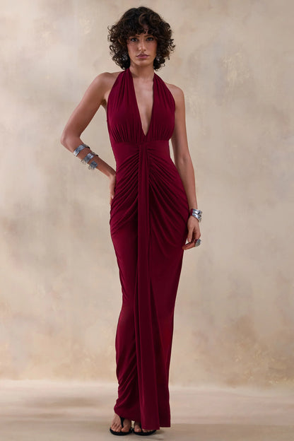 Lesley Burgundy Plunge Neck Maxi Dress