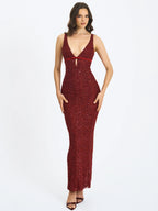 Elora Crimson Sequin Beaded Keyhole Maxi Dress