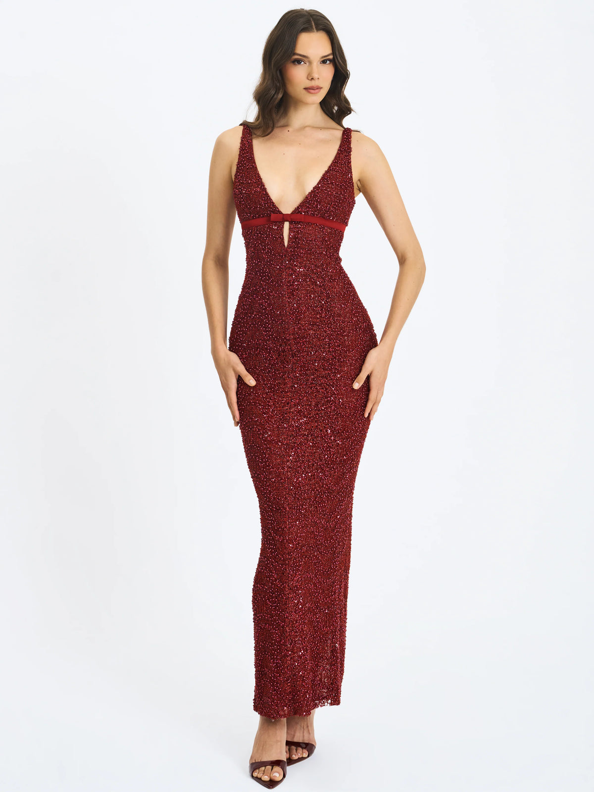 Elora Crimson Sequin Beaded Keyhole Maxi Dress