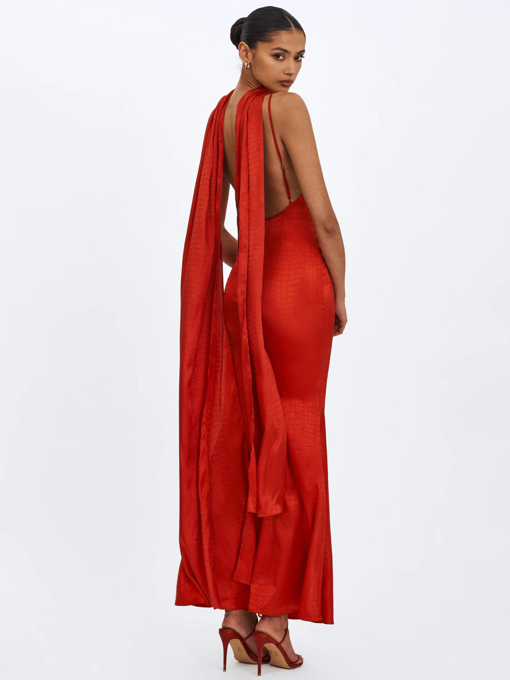 Kelsey Scarlet Croc Embossed Flared Hem Maxi Dress with Scarf