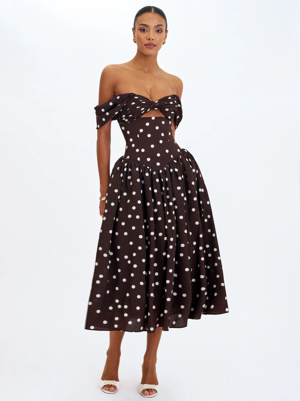 Xandie Mocha Polka Dot Off Shoulder Midi Dress