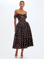 Xandie Mocha Polka Dot Off Shoulder Midi Dress