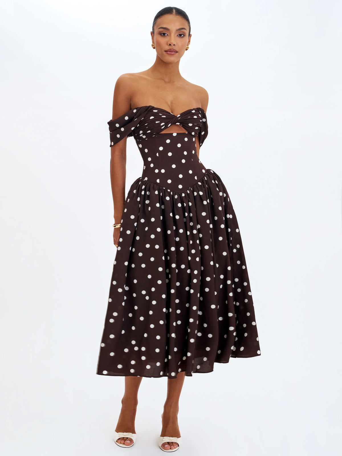 Xandie Mocha Polka Dot Off Shoulder Midi Dress