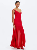Verona Crimson Scoop Neck Flared Maxi Dress