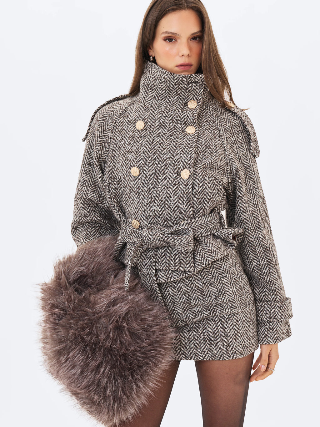 Sadie Brown White Herringbone High Collar Belted Mini Jacket