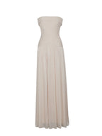Olivine Light Beige Crystal Organza Strapless Maxi Dress