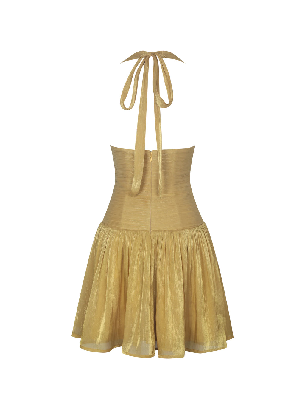 Xavia Gold Crystal Organza Plunging Halter Mini Dress
