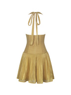 Xavia Gold Crystal Organza Plunging Halter Mini Dress