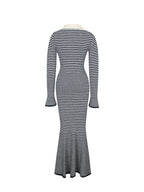 Xelie Navy White Cotton Terry Knit Mermaid Maxi Dress