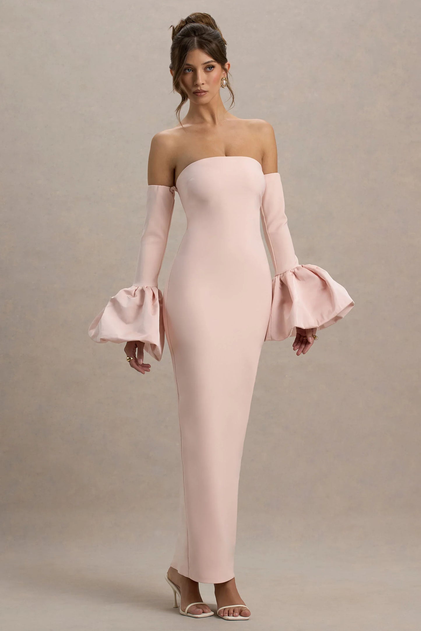 Myah Pink Bandeau Long Sleeve Maxi Dress With Puff Cuffs