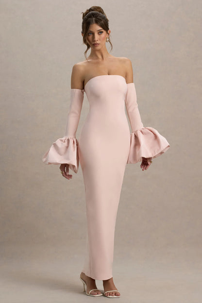 Myah Pink Bandeau Long Sleeve Maxi Dress With Puff Cuffs