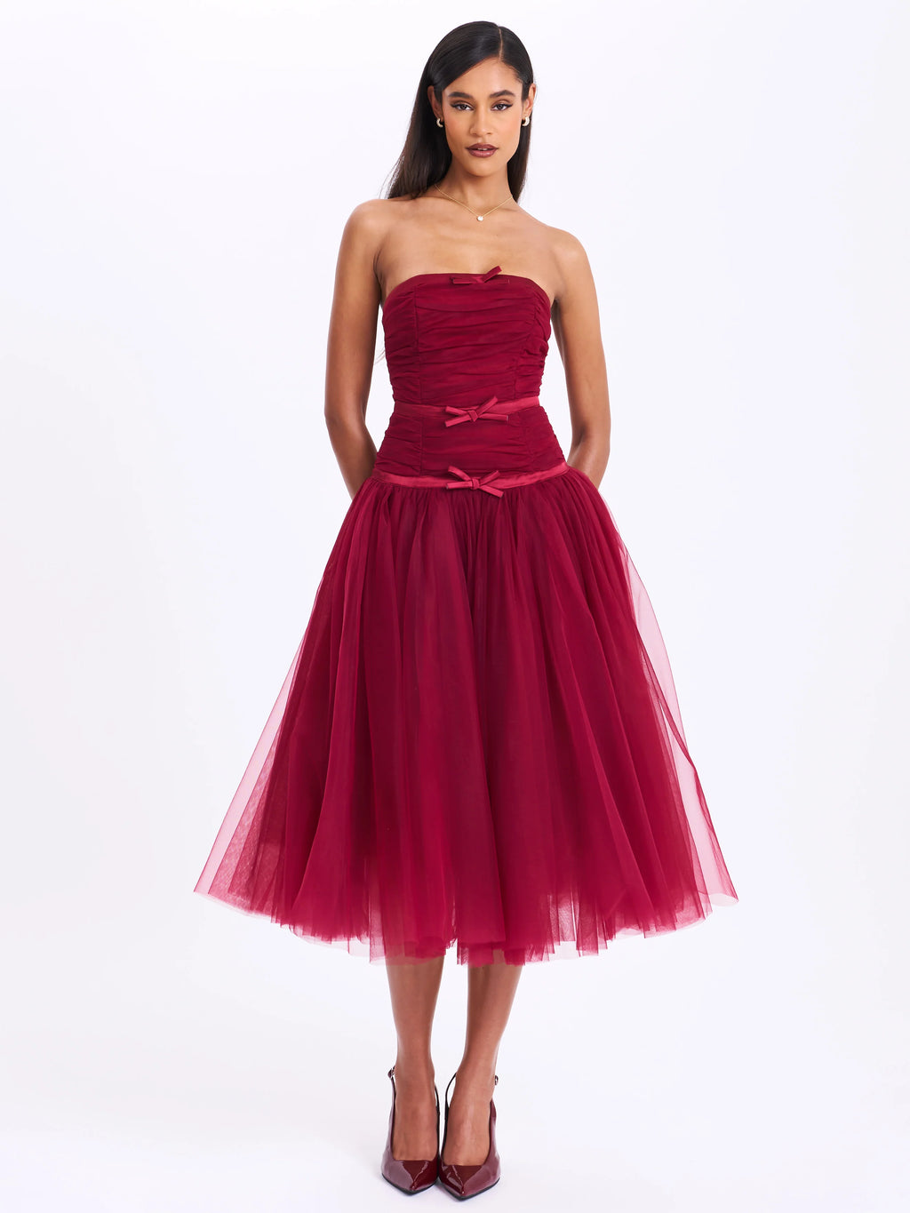 Mabel Burgundy Drop Waist Layered Mesh Midi Puffy Dress with Bow