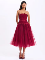 Mabel Burgundy Drop Waist Layered Mesh Midi Puffy Dress with Bow