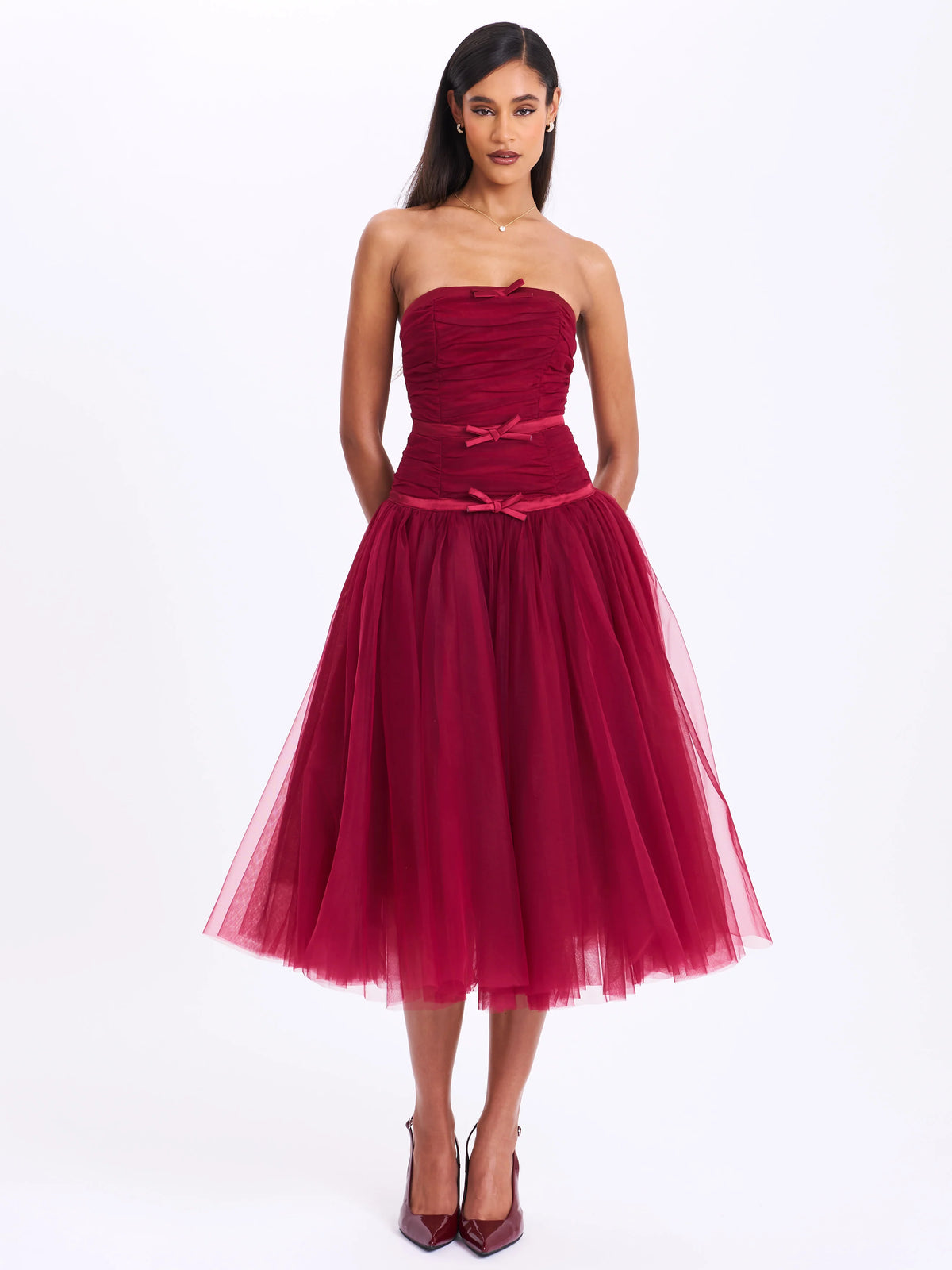 Mabel Burgundy Drop Waist Layered Mesh Midi Puffy Dress with Bow
