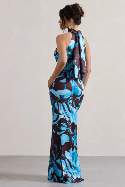 Adoria Floral Print Satin High Neck Maxi Dress
