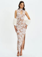 Tavia White Beaded Teardrop Neckline Maxi Dress