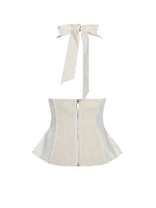 Quinzella Butter Yellow Linen Plunging Halter Neck Top