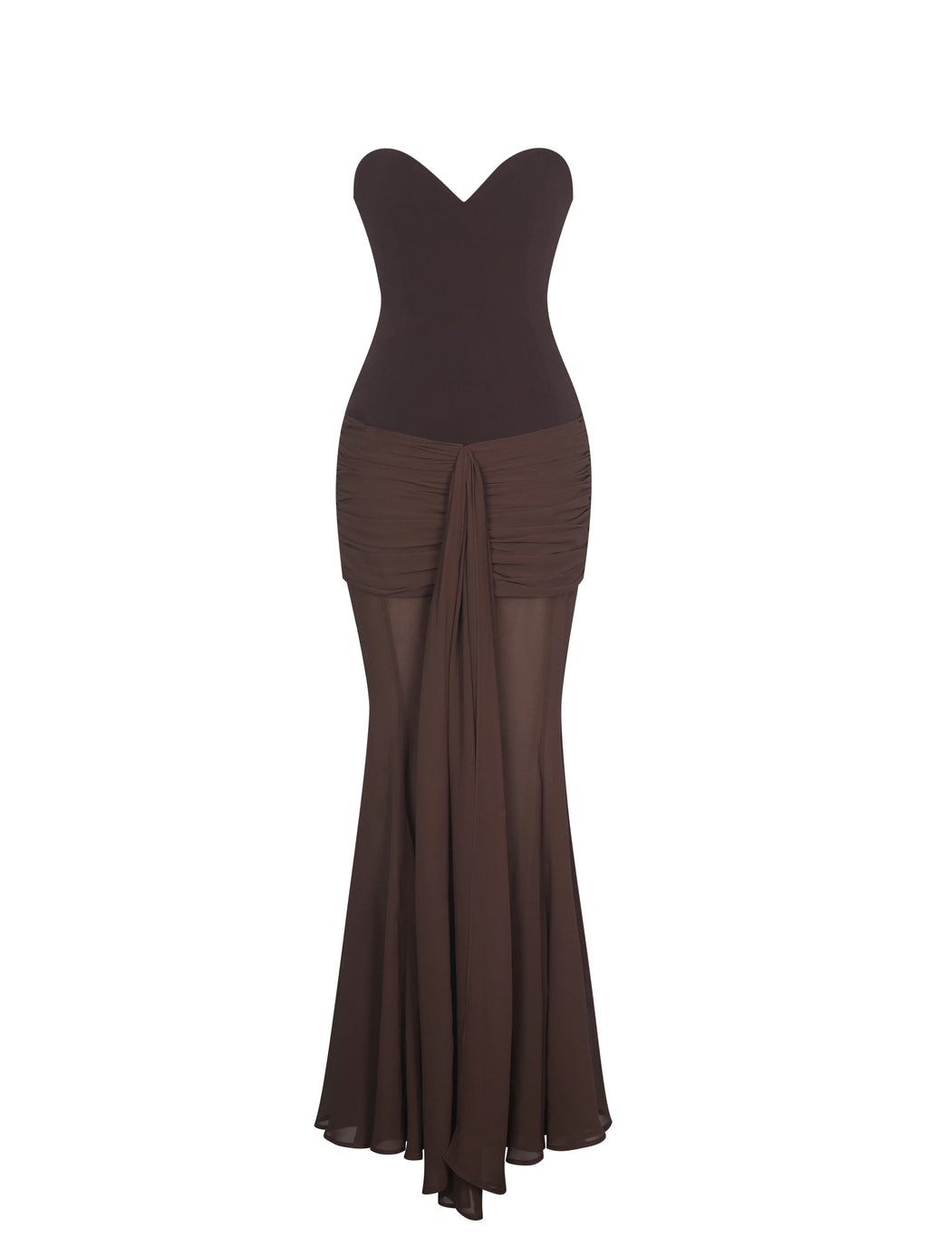 Giovana Espresso Sweetheart Draped Mesh Mermaid Maxi Dress