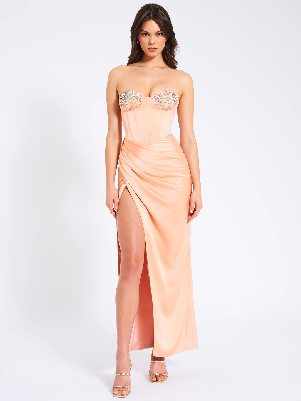 Amelia Blush Satin Corset Slit Gown With Crystal Embellished Archive Sale