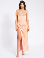 Amelia Blush Satin Corset Slit Gown With Crystal Embellished Archive Sale