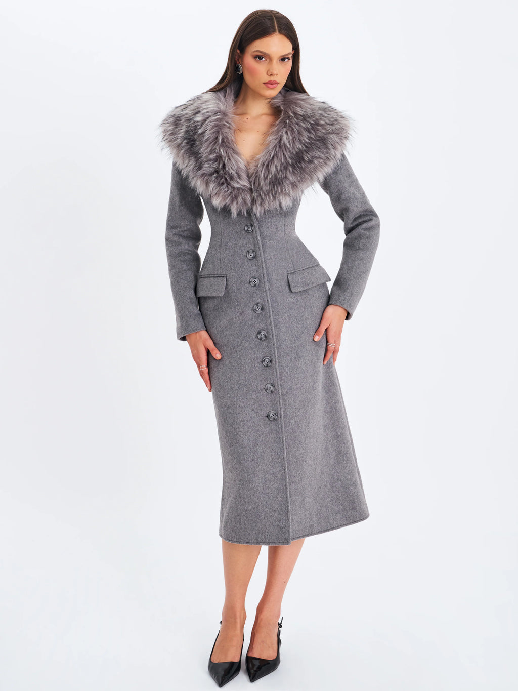 Faye Grey Wool Blend Single Breasted Coat with Removable Faux Fur Collar