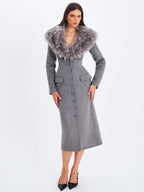 Faye Grey Wool Blend Single Breasted Coat with Removable Faux Fur Collar