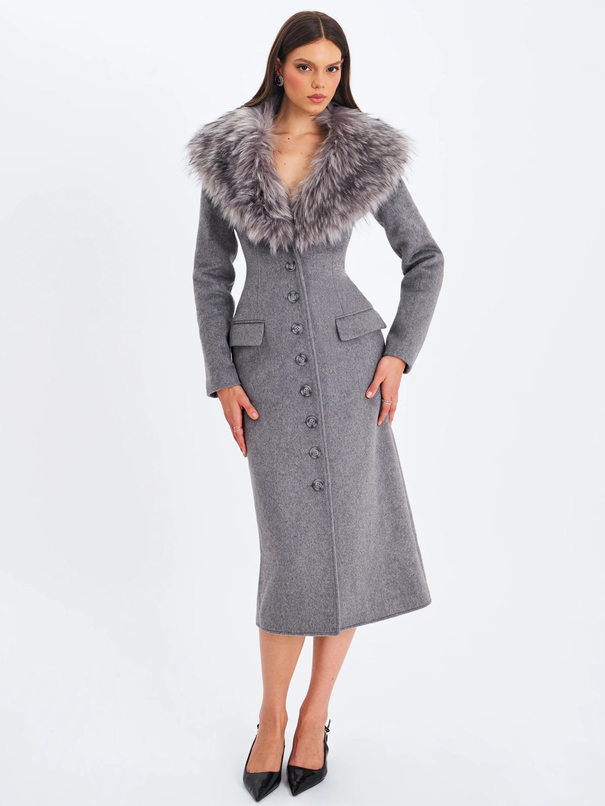 Faye Grey Wool Blend Single Breasted Coat with Removable Faux Fur Collar